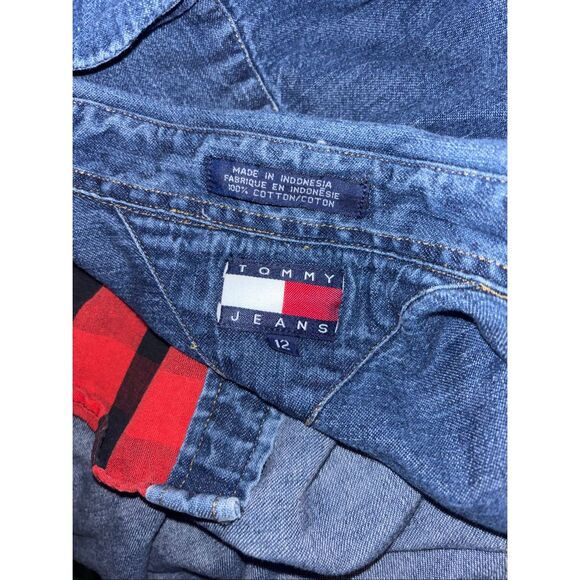 Vintage 90s Tommy Hilfiger Patchwork Denim Buffalo Plaid Button Down Shirt - Picture 2 of 3